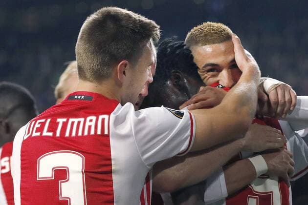 (l-r) Joel Veltman of Ajax Amsterdam, Hakim Ziyech of Ajax Amsterdam scoredduring the UEFA Europa League group G match between Ajax Amsterdam and Celta de Vigo at the Amsterdam Arena on November 3, 2016 in Amsterdam, The Netherlands Ajax v Celta de Vigo UEFA Europa League 2016 2017 xVIxxIVx 6517660