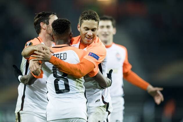 Shakhtar Donetsk s midfielder Fred and Shakhtar Donetsk s midfielder Marlos celebrate after scoring during a soccer game between Belgian team KAA Gent and Ukrainian club FC Shakhtar Donetsk, in Gent Thursday 03 November 2016, the fourth match of the group stage of the Europa League competition in Group H. JASPERxJACOBS  x04972062x