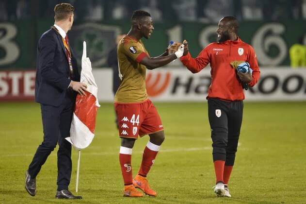 Standard s Ibrahima Cisse and Standard s Reginal Goreux celebrate after winning a soccer game between Greek club Panathinaikos F.C. and Belgian team Standard de Liege in Athens, Greece, Thursday 03 November 2016, the fourth game of the group stage of the Europa League competition in Group G. NICOLASxLAMBERT  x04972126x