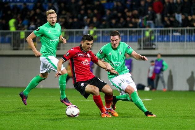 Azerbaijan: Europa League: FC Qabala - Saint Etienne Saint Etienne Oussama Tannane (R) vies for the ball with FC Qabala s Vitaliy Vernydub (L) during the Europa League match between FC Qabala and Saint Etienne at 8km stadium in Baku.  AzizxKarimov PacificxPress