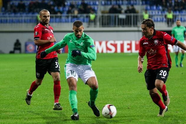 Azerbaijan: Europa League: FC Qabala - Saint Etienne Saint Etienne Oussama Tannane (10) vies for the ball with FC Qabala s Ricardinho (20) during the Europa League match between FC Qabala and Saint Etienne at 8km stadium in Baku.  AzizxKarimov PacificxPress