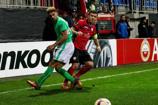 Azerbaijan: Europa League: FC Qabala - Saint Etienne Gabala FK Rashad A. Sadygov (R) vies for the ball with Saint Etienne s Loic Perrin (L) during the Europa League match between FC Qabala and Saint Etienne at 8km stadium in Baku.  AzizxKarimov PacificxPress