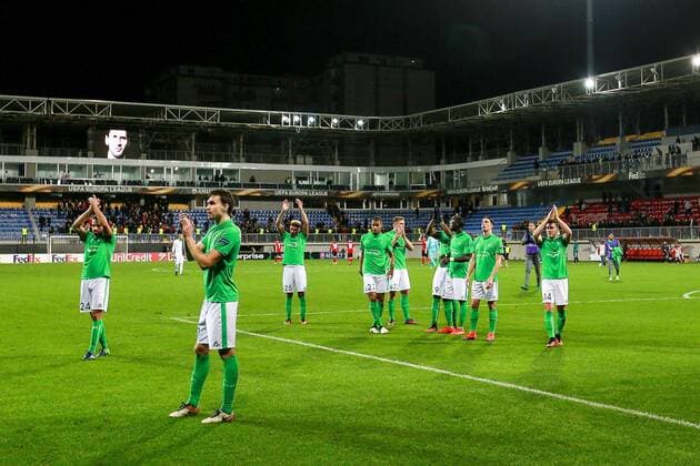 Azerbaijan: Europa League: FC Qabala - Saint Etienne Players of Saint Etienne react in front of their supporters during the Europa League match between FC Qabala and Saint Etienne at 8km stadium in Baku.  AzizxKarimov PacificxPress