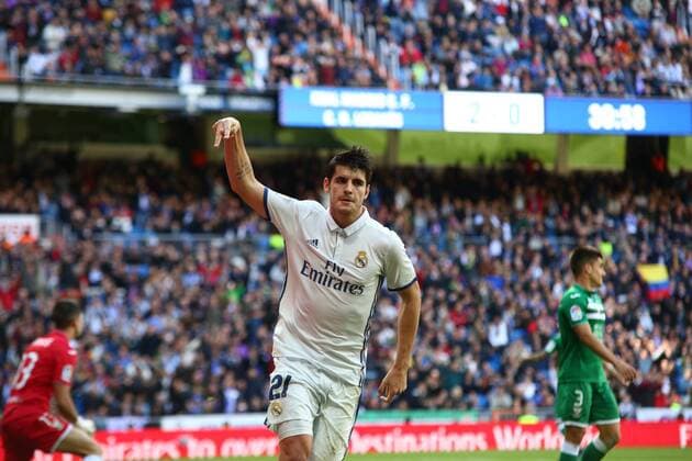 Madrid, Spain. 6 November 2016: Alvaro Morata, forward from Real Madrid C.F., celebrating after scoring during the LaLiga Santander round 11 against C.D. Leganes at the Santiago Bernabeu. (Photo: Ivan Abanades Medina). Cordon Press  xIvanxAbanadesxMedinax xRealxMadridxC.F.x-xC.D.xLeganesx(LaLigaxSantanderxRound:11)x