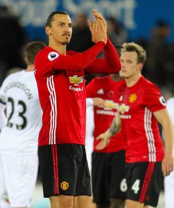 06.11.2016. Liberty Stadium, Swansea, Wales. Premier League Football. Swansea versus Manchester United ManU Manchester United s Zlatan Ibrahimovic applauds the away supporters at the end of the match xPaulxJenkinsx  ActionPlus11807990