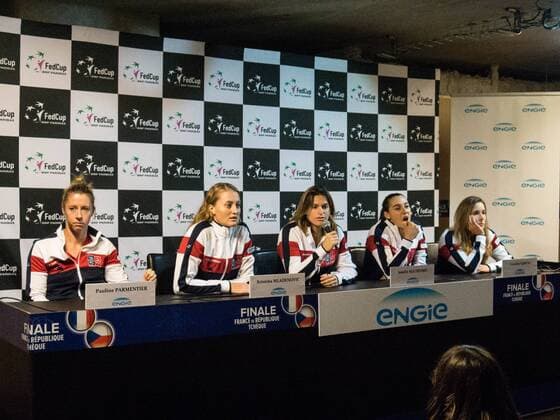 November 8, 2016 - Strasbourg, France - French Fed Cup coach Amelie Mauresmo (C) poses with players (from L), Pauline Parmentier, Kristina Mladenovic, Caroline Garcia and Alize Cornet during a press conference PK Pressekonferenz on November 8, 2016 in Strasbourg, eastern France, ahead of the Fed Cup final against the Czech Republic. Mauresmo has recalled Caroline Garcia and Kristina Mladenovic for the final against the Czech Republic this month after they were banned for unacceptable behaviour at the Rio Olympics. Garcia and Mladenovic will spearhead France s bid for a first Fed Cup title since 2003 on November 12-13 in Strasbourg. French Fed Cup 2016  - ZUMAn230 20161108_zaa_n230_219