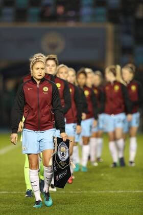 Steph Houghton of Manchester City Women leads out the team before the Women s Champions League last 16 tie, first leg between Manchester City Women and Brondby at the Academy Stadium. Photo credit should read: Lynne Cameron Sportimage EDITORIAL USE ONLY. No use with unauthorised audio, video, data, fixture lists, club league logos or live services. Online in-match use limited to 120 images, no video emulation. No use in betting, games or single club league player publications.