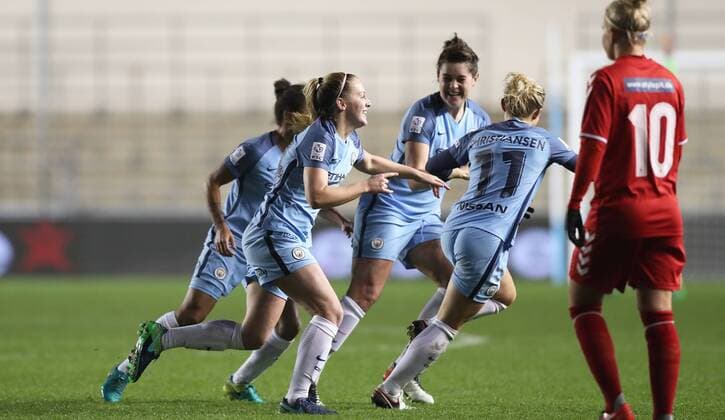 Ellie Roebuck of Manchester City Women celebrates scoring during the Women s Champions League last 16 tie, first leg between Manchester City Women and Brondby IF at the Academy Stadium. Photo credit should read: Lynne Cameron Sportimage EDITORIAL USE ONLY. No use with unauthorised audio, video, data, fixture lists, club league logos or live services. Online in-match use limited to 120 images, no video emulation. No use in betting, games or single club league player publications.