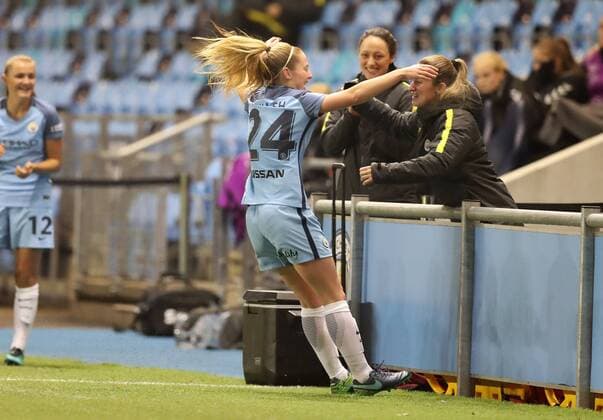 Ellie Roebuck of Manchester City Women celebrates scoring during the Women s Champions League last 16 tie, first leg between Manchester City Women and Brondby IF at the Academy Stadium. Photo credit should read: Lynne Cameron Sportimage EDITORIAL USE ONLY. No use with unauthorised audio, video, data, fixture lists, club league logos or live services. Online in-match use limited to 120 images, no video emulation. No use in betting, games or single club league player publications.