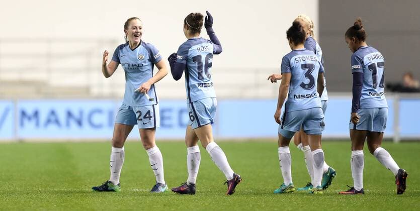 Ellie Roebuck of Manchester City Women celebrates scoring during the Women s Champions League last 16 tie, first leg between Manchester City Women and Brondby IF at the Academy Stadium. Photo credit should read: Lynne Cameron Sportimage EDITORIAL USE ONLY. No use with unauthorised audio, video, data, fixture lists, club league logos or live services. Online in-match use limited to 120 images, no video emulation. No use in betting, games or single club league player publications.