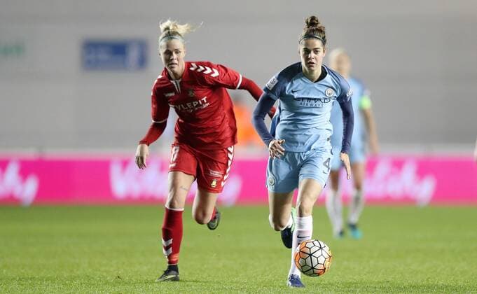 Tessel Middag of Manchester City Women and Julie Tavio-Petersson of Brondby IF during the Women s Champions League last 16 tie, first leg between Manchester City Women and Brondby IF at the Academy Stadium. Photo credit should read: Lynne Cameron Sportimage EDITORIAL USE ONLY. No use with unauthorised audio, video, data, fixture lists, club league logos or live services. Online in-match use limited to 120 images, no video emulation. No use in betting, games or single club league player publications.