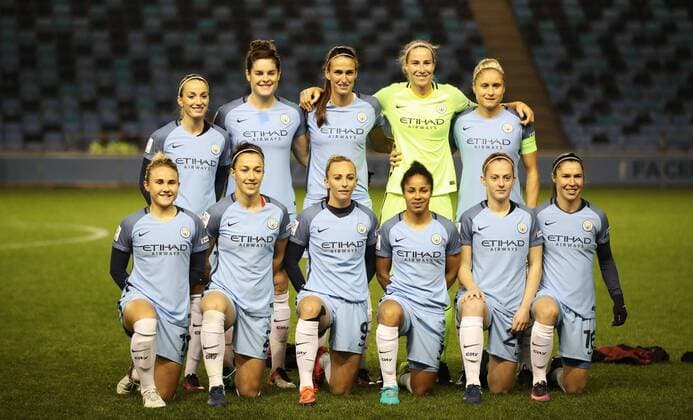 Manchester City Women before the Champions League last 16 tie, first leg between Manchester City Women and Brondby IF at the Academy Stadium. Photo credit should read: Lynne Cameron Sportimage EDITORIAL USE ONLY. No use with unauthorised audio, video, data, fixture lists, club league logos or live services. Online in-match use limited to 120 images, no video emulation. No use in betting, games or single club league player publications.