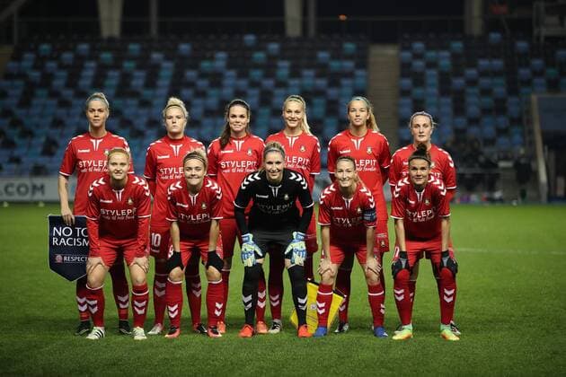 Brondby IF before the Champions League last 16 tie, first leg between Manchester City Women and Brondby IF at the Academy Stadium. Photo credit should read: Lynne Cameron Sportimage EDITORIAL USE ONLY. No use with unauthorised audio, video, data, fixture lists, club league logos or live services. Online in-match use limited to 120 images, no video emulation. No use in betting, games or single club league player publications.
