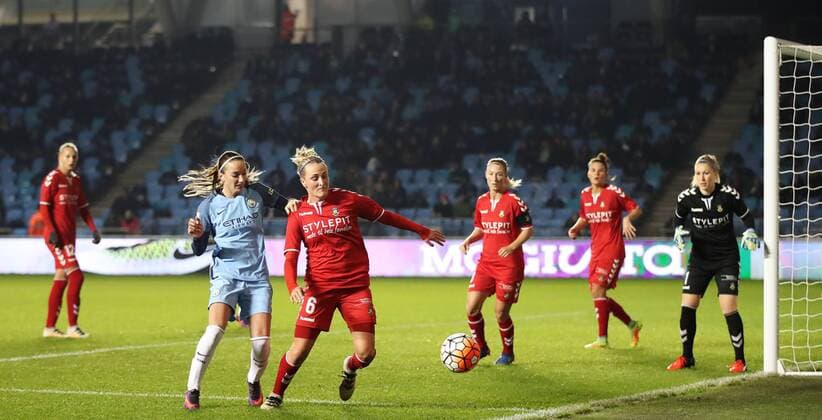 Brondby IF and Manchester City Women during the Champions League last 16 tie, first leg between Manchester City Women and Brondby IF at the Academy Stadium. Photo credit should read: Lynne Cameron Sportimage EDITORIAL USE ONLY. No use with unauthorised audio, video, data, fixture lists, club league logos or live services. Online in-match use limited to 120 images, no video emulation. No use in betting, games or single club league player publications.