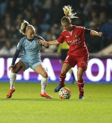 Toni Duggan of Manchester City Women and Theresa Nielsen of Brondby IF during the Champions League last 16 tie, first leg between Manchester City Women and Brondby IF at the Academy Stadium. Photo credit should read: Lynne Cameron Sportimage EDITORIAL USE ONLY. No use with unauthorised audio, video, data, fixture lists, club league logos or live services. Online in-match use limited to 120 images, no video emulation. No use in betting, games or single club league player publications.