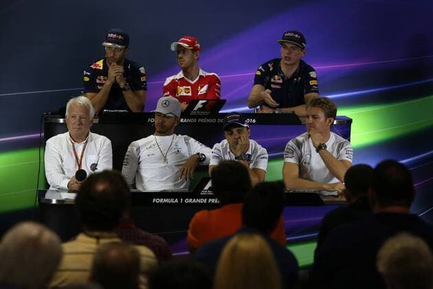 Brazilian Grand Prix, Sao Paulo 10 - 13 November 2016 10.11.2016 - press conference PK Pressekonferenz Daniel Ricciardo (AUS) Red Bull Racing RB12, Sebastian Vettel (GER) Scuderia Ferrari SF16-H , Max Verstappen (NED) Red Bull Racing RB12, Charlie Whiting (GBR), Race director and safety delegate , Lewis Hamilton (GBR) Mercedes AMG F1 W07 Hybrid, Felipe Massa (BRA) Williams FW38 and Nico Rosberg (GER) Mercedes AMG F1 W07 Hybrid 