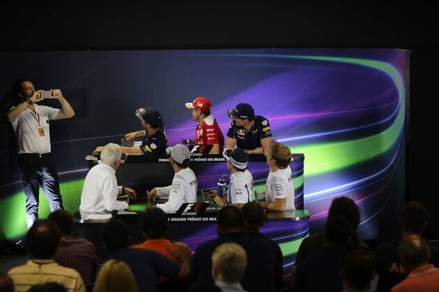 Brazilian Grand Prix, Sao Paulo 10 - 13 November 2016 10.11.2016 - press conference PK Pressekonferenz Matteo Bonciani (ITA), F1 Head of Communications, Daniel Ricciardo (AUS) Red Bull Racing RB12, Sebastian Vettel (GER) Scuderia Ferrari SF16-H, Max Verstappen (NED) Red Bull Racing RB12, Charlie Whiting (GBR), Race director and safety delegate, Lewis Hamilton (GBR) Mercedes AMG F1 W07 Hybrid, Felipe Massa (BRA) Williams FW38 and Nico Rosberg (GER) Mercedes AMG F1 W07 Hybrid 