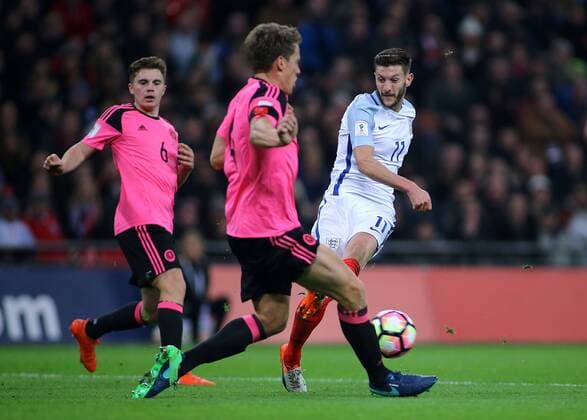 11.11.2016. Wembley Stadium, London, England. World Cup Qualifying Football. England versus Scotland. Adam Lallana of England has his shot blocked by Christophe Berra of Scotland xMarkxKertonx  ActionPlus11808512