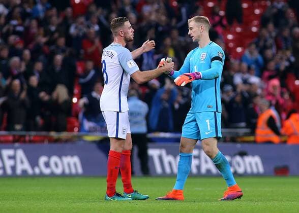 11.11.2016. Wembley Stadium, London, England. World Cup Qualifying Football. England versus Scotland. Jordan Henderson of England and Goalkeeper Joe Hart of England shake hands at full time xMarkxKertonx  ActionPlus11808613