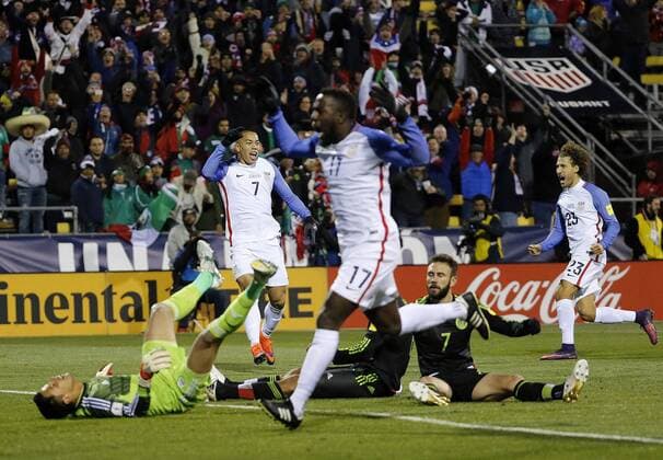 November 11, 2016 - Columbus, OH, USA - United States forward Jozy Altidore (17) and defender Fabian Johnson (23) celebrate as USA forward Bobby Wood (7) celebrates a goal past Mexico goalkeeper Alfredo Talavera, left, during the second half in a World Cup qualifying match at Crew Stadium in Columbus, Ohio, on Friday, Nov. 11, 2016. Mexico won, 2-1. Mexico at United States - ZUMAm67_ 20161111_zaf_m67_065