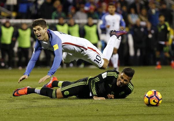 November 11, 2016 - Columbus, OH, USA - Mexico defender Carlos Salcido (3) trips United States midfielder Christian Pulisic (10) during the second half in a World Cup qualifying match at Crew Stadium in Columbus, Ohio, on Friday, Nov. 11, 2016. Mexico won, 2-1, although Salcido received a yellow card for the play. Mexico at United States - ZUMAm67_ 20161111_zaf_m67_068