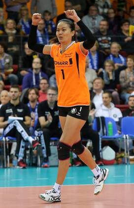 Stuttgart Volleyball Allianz MTV Stuttgart vs. VfB 91 Suhl, Wanna Buakaew (Allianz) jubelt und ballt die Fäuste