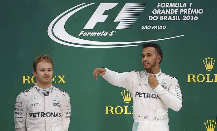 Grande Pr?mio do Brasil de F?rmula 1 2016 SÃO PAULO, SP - 13.11.2016: GRANDE PRÊMIO DO BRASIL DE FÓRMULA 1 2016 - Lewis Hamilton (GBR) Mercedes AMG Petronas F1 Team celebrates victory alongside Nico Rosberg (GER) during the Brazil Grand Prix Formula 1 in 2016 held at the Interlagos Circuit on Sunday. (Photo: Rodolfo Buhrer La Imagem Fotoarena) x1229656x  RodolfoxBuhrer