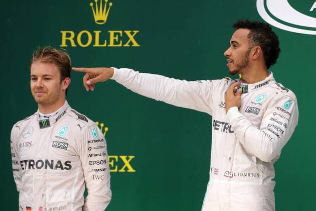 Brazilian Grand Prix, Sao Paulo 10 - 13 November 2016 13.11.2016 - Race, 2nd position Nico Rosberg (GER) Mercedes AMG F1 W07 Hybrid and Lewis Hamilton (GBR) Mercedes AMG F1 W07 Hybrid race winner 