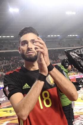 Belgium s Yannick Ferreira Carrasco celebrates after winning a qualification game for the soccer World Cup 2018 between Belgian national soccer team Red devils and Estonian soccer team, on Sunday 13 November 2016, in Brussels. It s the fourth qualification game and Belgium was leading the group H with three victories in the first games. DIRKxWAEM  x04977242x