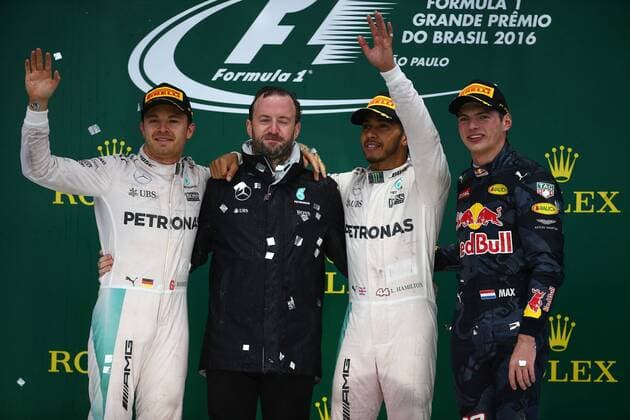 Brazilian Grand Prix, Sao Paulo 10 - 13 November 2016 13.11.2016 - Race, 2nd position Nico Rosberg (GER) Mercedes AMG F1 W07 Hybrid, Lewis Hamilton (GBR) Mercedes AMG F1 W07 Hybrid race winner and 3rd position Max Verstappen (NED) Red Bull Racing RB12 