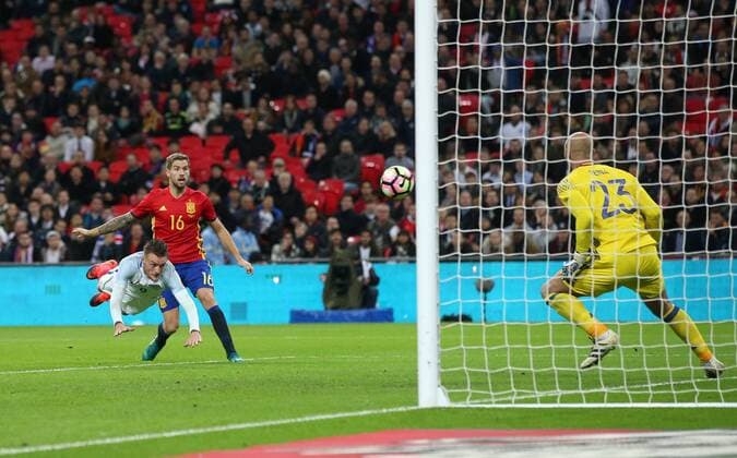 England s Jamie Vardy scoring his sides second goal during the friendly match at Wembley Stadium, London. Picture date November 15th, 2016 Pic David Klein Sportimage EDITORIAL USE ONLY. No use with unauthorised audio, video, data, fixture lists, club league logos or live services. Online in-match use limited to 120 images, no video emulation. No use in betting, games or single club league player publications.