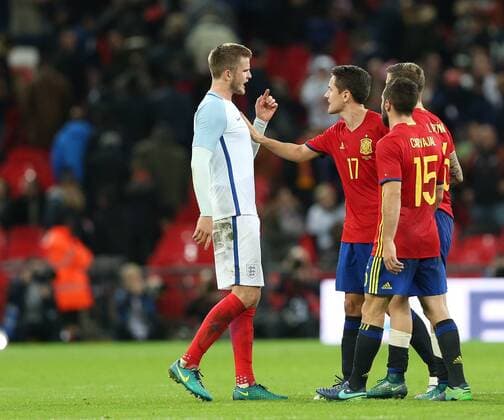 England s Eric Dier argues with Spain s Ander Herrera at the final whistle during the friendly match at Wembley Stadium, London. Picture date November 15th, 2016 Pic David Klein Sportimage EDITORIAL USE ONLY. No use with unauthorised audio, video, data, fixture lists, club league logos or live services. Online in-match use limited to 120 images, no video emulation. No use in betting, games or single club league player publications.