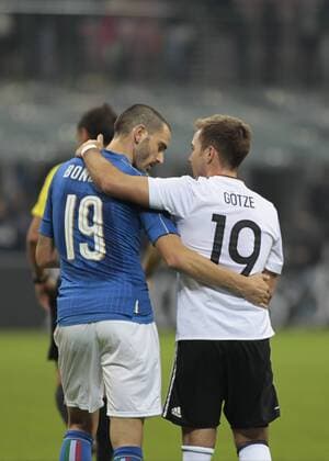 November 15, 2016 - Milan, Italy - Leonardo Bonucci and Mario Gotze during the friendly match between Italia v Germania, in Milan Giuseppe Meazza Stadio, on November 15, 2016. Italy v Germany - International Friendly Länderspiel  - ZUMAn230 20161115_zaa_n230_267