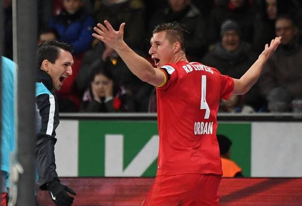 18.11.2016, xjhx, Fussball 1.Bundesliga, Bayer 04 Leverkusen - RB Leipzig, emspor, v.l. Willi Orban (RB Leipzig) celebrate the goal, Torjubel zum 2:3 Leverkusen