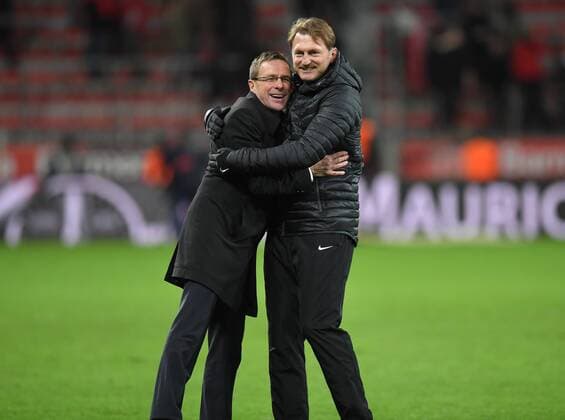 18.11.2016, Fussball GER, 1. Bundesliga Saison 2016 2017, 11. Spieltag, Bayer 04 Leverkusen - RB Leipzig, Jubel Trainer Ralph Hasenhuettl, Ralph Hasenhüttl (RB Leipzig), re., und Sportdirektor Ralf Rangnick (RB Leipzig)