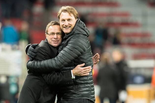 Leverkusen, Deutschland, 18.11.2016, Bundesliga 11.Spieltag, Bayer 04 Leverkusen - RB Leipzig, Trainer Ralph Hasenhuettl (RBL) und Ralf Rangnick (RBL) bejubeln den 2:3 Sieg ( DeFodi048