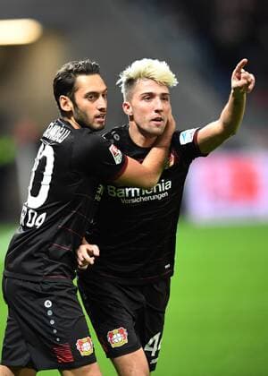 Fussball, 1.BL Saison 2016 2017, Spieltag 11, Bayer 04 Leverkusen-RB Leipzig , 18.11.2016, BayArena, Leverkusen, Hakan Calhanoglu , Kevin Kampl, beide Bayer 04 Leverkusen Torjubel