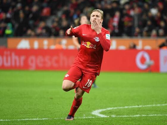 18.11.2016, xjhx, Fussball 1.Bundesliga, Bayer 04 Leverkusen - RB Leipzig, emspor, v.l. Emil Forsberg (RB Leipzig) celebrate the goal, Torjubel zum 2:2 Leverkusen