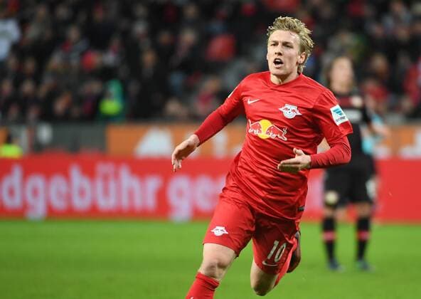 18.11.2016, xjhx, Fussball 1.Bundesliga, Bayer 04 Leverkusen - RB Leipzig, emspor, v.l. Emil Forsberg (RB Leipzig) celebrate the goal, Torjubel zum 2:2 Leverkusen