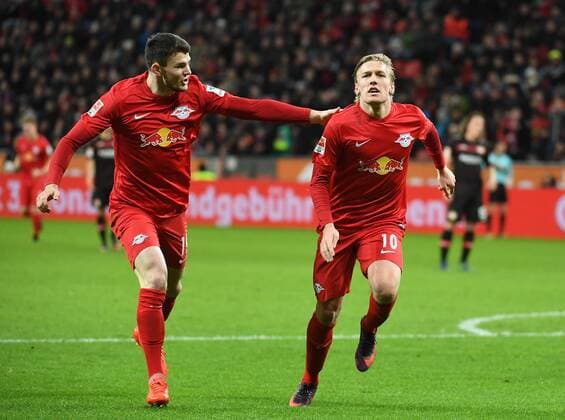 18.11.2016, xjhx, Fussball 1.Bundesliga, Bayer 04 Leverkusen - RB Leipzig, emspor, v.l. Oliver Burke (RB Leipzig), Emil Forsberg (RB Leipzig) celebrate the goal, Torjubel zum 2:2 Leverkusen