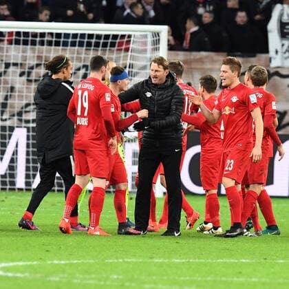Fussball, 1.BL Saison 2016 2017, Spieltag 11,, Bayer 04 Leverkusen-RB Leipzig , 18.11.2016, BayArena, Leverkusen, Ralph Hasenhüttl, Oliver Jansen Burke, Yussuf Poulsen, Marcel Halstenberg, jubel,