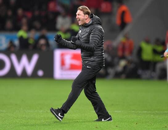 18.11.2016, Fussball GER, 1. Bundesliga Saison 2016 2017, 11. Spieltag, Bayer 04 Leverkusen - RB Leipzig 2:3, Jubel nach dem Abpfiff von Trainer Ralph Hasenhuettl, Ralph Hasenhüttl (RB Leipzig)