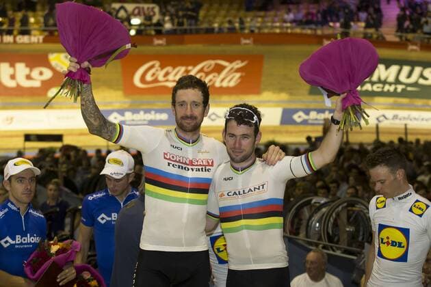 Bradley Wiggins and Mark Cavendish celebrate on the podium after winning the last day of the Zesdaagse Vlaanderen-Gent six-day indoor cycling race at the indoor cycling arena t Kuipke, Sunday 20 November 2016, in Gent. The 76th edition takes place from November 15th until November 20th. KRISTOFxVANxACCOM  x04979826x