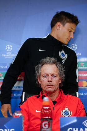Club s head coach Michel Preud homme and Club s Jelle Vossen pictured during a press conference PK Pressekonferenz of Belgian first division soccer team Club Brugge KV in Leicester, Great Britain, Monday 21 November 2016. Club Brugge will play tomorrow the fifth game of Champions League group stage competition, in the group G, against British club Leicester City Football Club. BRUNOxFAHY  x04980308x