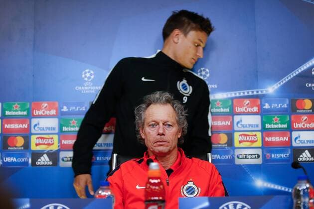 Club s head coach Michel Preud homme and Club s Jelle Vossen pictured during a press conference PK Pressekonferenz of Belgian first division soccer team Club Brugge KV in Leicester, Great Britain, Monday 21 November 2016. Club Brugge will play tomorrow the fifth game of Champions League group stage competition, in the group G, against British club Leicester City Football Club. BRUNOxFAHY  x04980309x