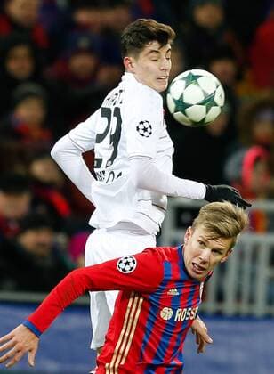 FuÃŸball, CL, ZSKA Moskau - Bayer Leverkusen MOSCOW, RUSSIA - NOVEMBER 22, 2016: Bayer 04 Leverkusen s Kai Havertz (L) and CSKA Moscow s Pontus Wernbloom jump to head the ball in their 2016 17 UEFA Champions League Group E Round 5 football match at CSKA Stadium. The game ended in a 1-1 draw. Mikhail Japaridze TASS  TS0387E8