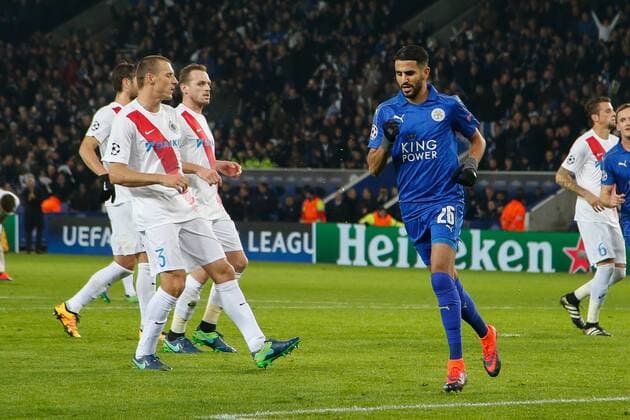 Fußball, CL, Leicester City - FC Brügge Leicester s Riyad Mahrez celebrates after scoring the 2-0 goal during a game between British club Leicester City Football Club and Belgian first division soccer team Club Brugge KV, the fifth game of the Champions League group stage competition, in the group G, in Leicester, Great Britain, Tuesday 22 November 2016. BRUNOxFAHY  x04980702x