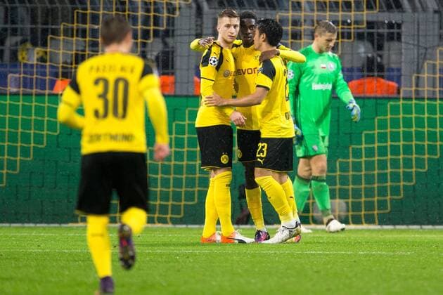 CL 2016 17 Borussia vs Legia Champions League group stage Borussia Dortmund vs. Legia Warszawa on November 22, 2016 in Dortmund, Germany In the picture: Marco Reus, Ousmane Dembele, Shinji Kagawa  EN_01235625_0011
