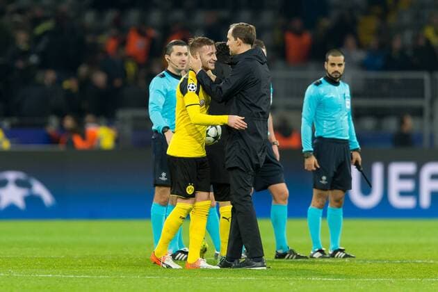 Fußball, CL, Borussia Dortmund - Legia Warschau Dortmund, Germany 22.11.2016, UEFA Champions League - 2016 17 Season, Group F - Matchday 5, BV Borussia Dortmund - Legia Warschau, 8:4, Marco Reus (BVB) und Trainer Thomas Tuchel (BVB) nach dem 8:4 ( DeFodi001