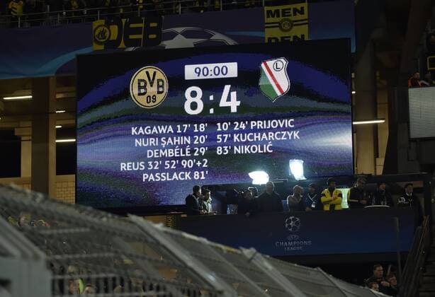22.11.2016, Fussball UEFA Champions League 2016 17, Vorrunde, 5. Spieltag, Borussia Dortmund - Legia Warschau, Anzeigentafel mit dem 8:4 Endergebnis